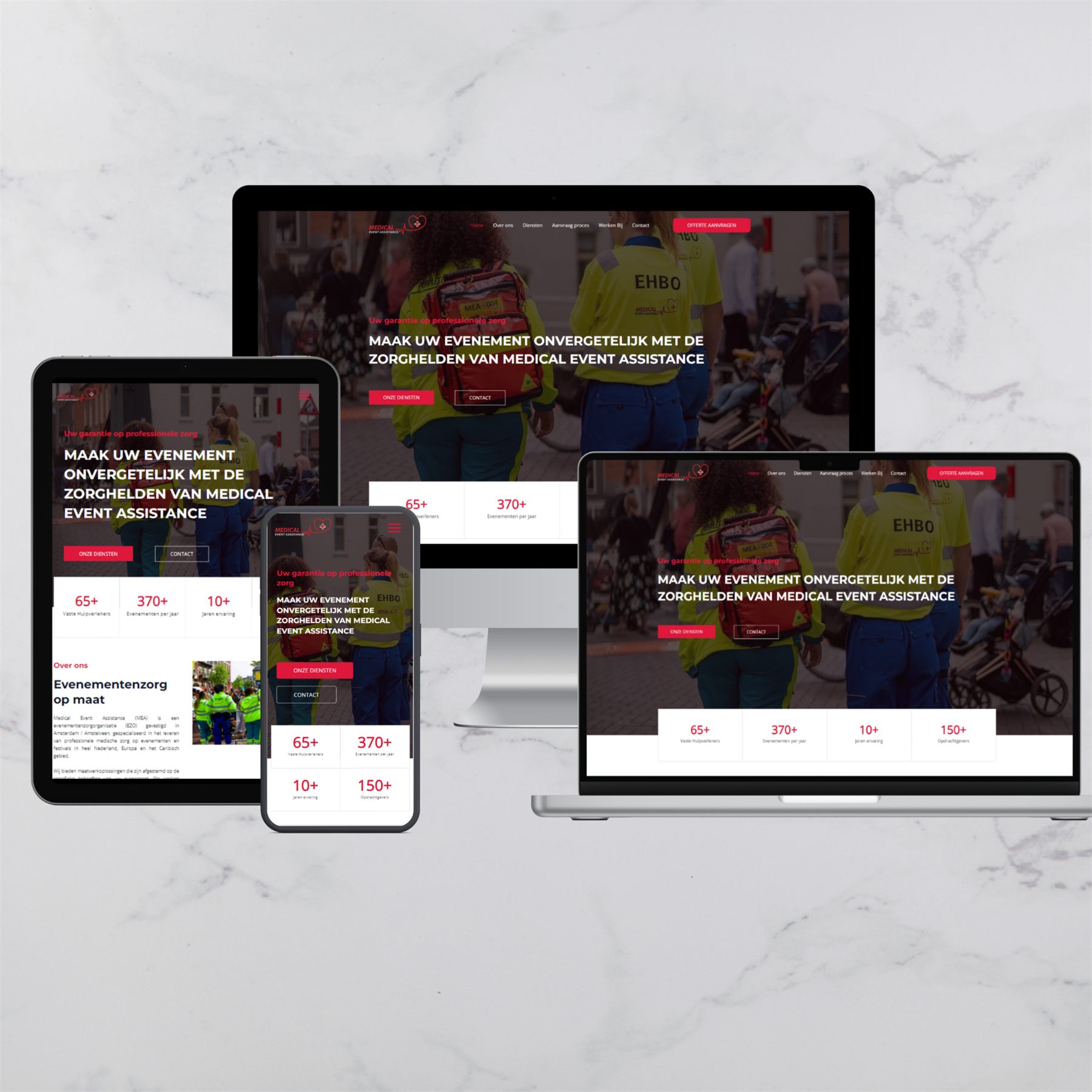 Medical Event Assistance website op desktop, tablet en mobiel
