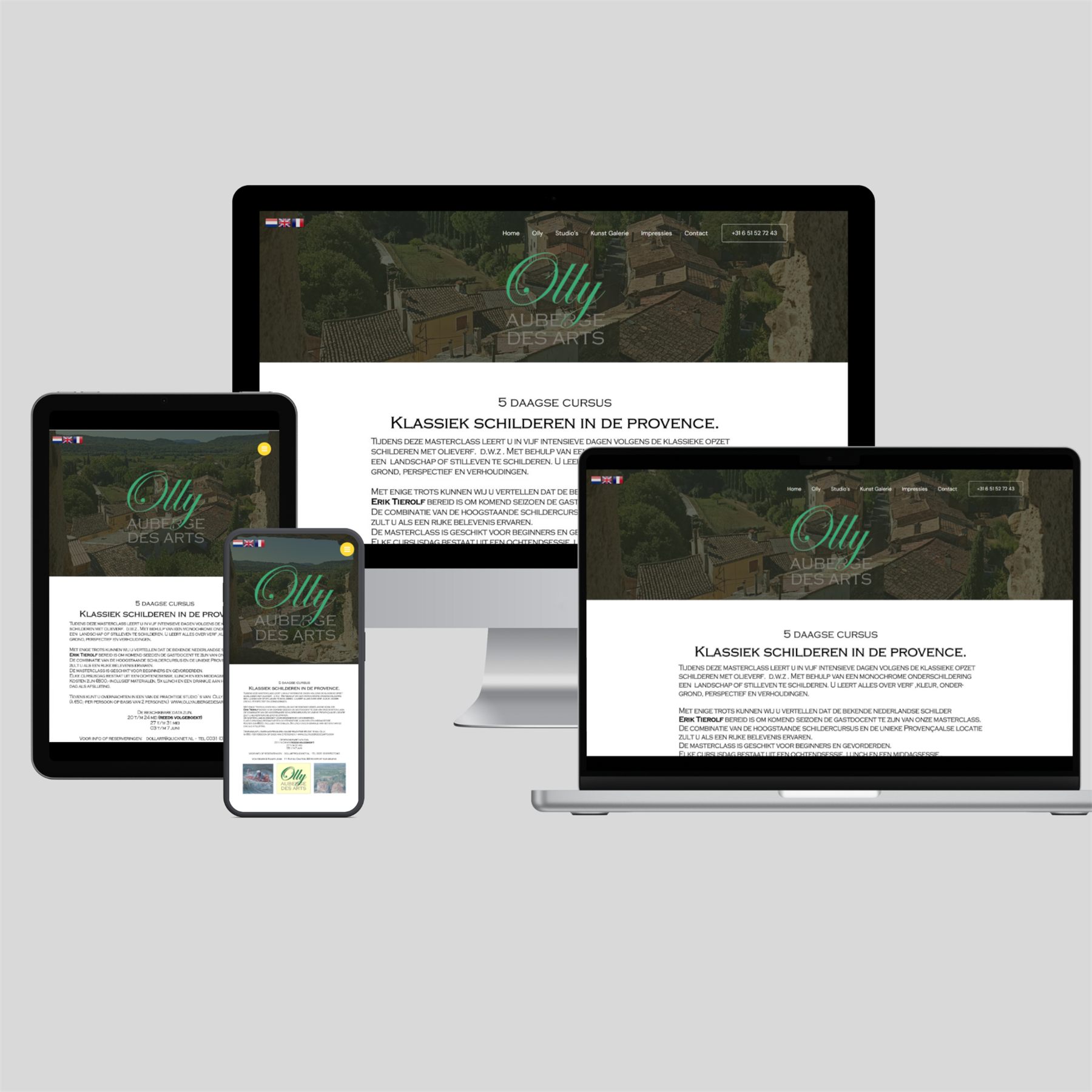 Olly Auberge des Arts website op desktop, tablet en mobiel